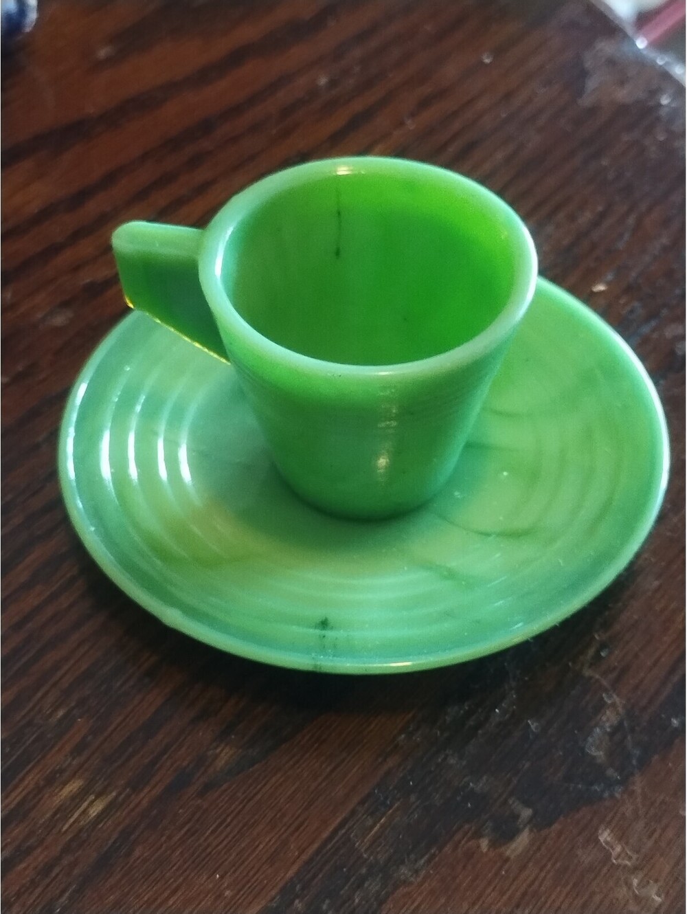 AKRO Agate Child TOY Teacup 2" GREEN MARBLED MILK Glass Cup Plate Ribbed Pattern